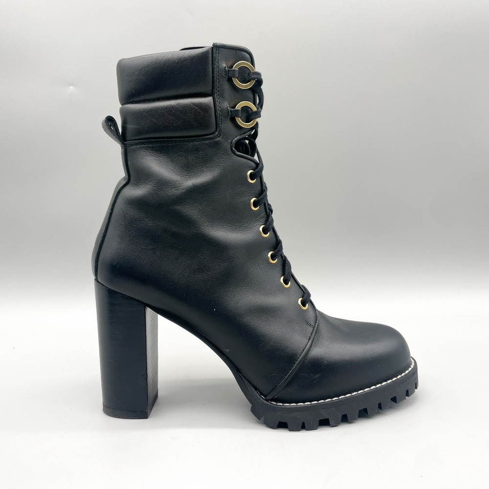 Stuart Weitzman Womens 7M Kingsley Combat Boots Black Leather Chunky Heel Moto